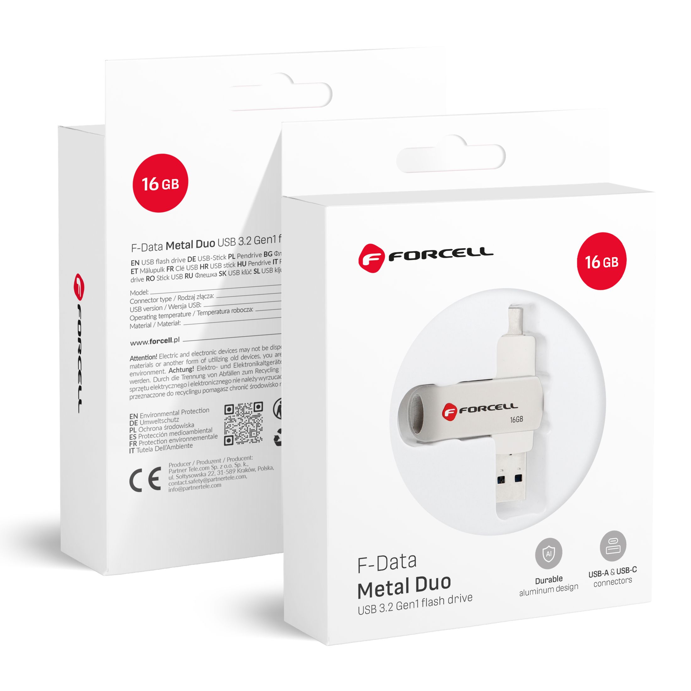 Pendrive 16GB USB 3.2 Gen 1 (USB A / USB C) Forcell F-Data Metal Duo hõbedane