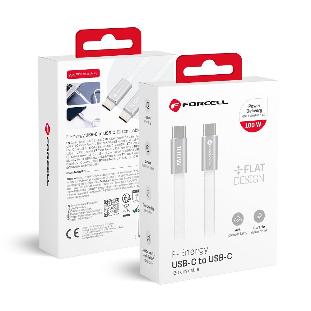 Kaabel USB C USB C Forcell F-Energy QC4.0 PD 5A 100W Cafule Flat 1,2m CCFN23 valge