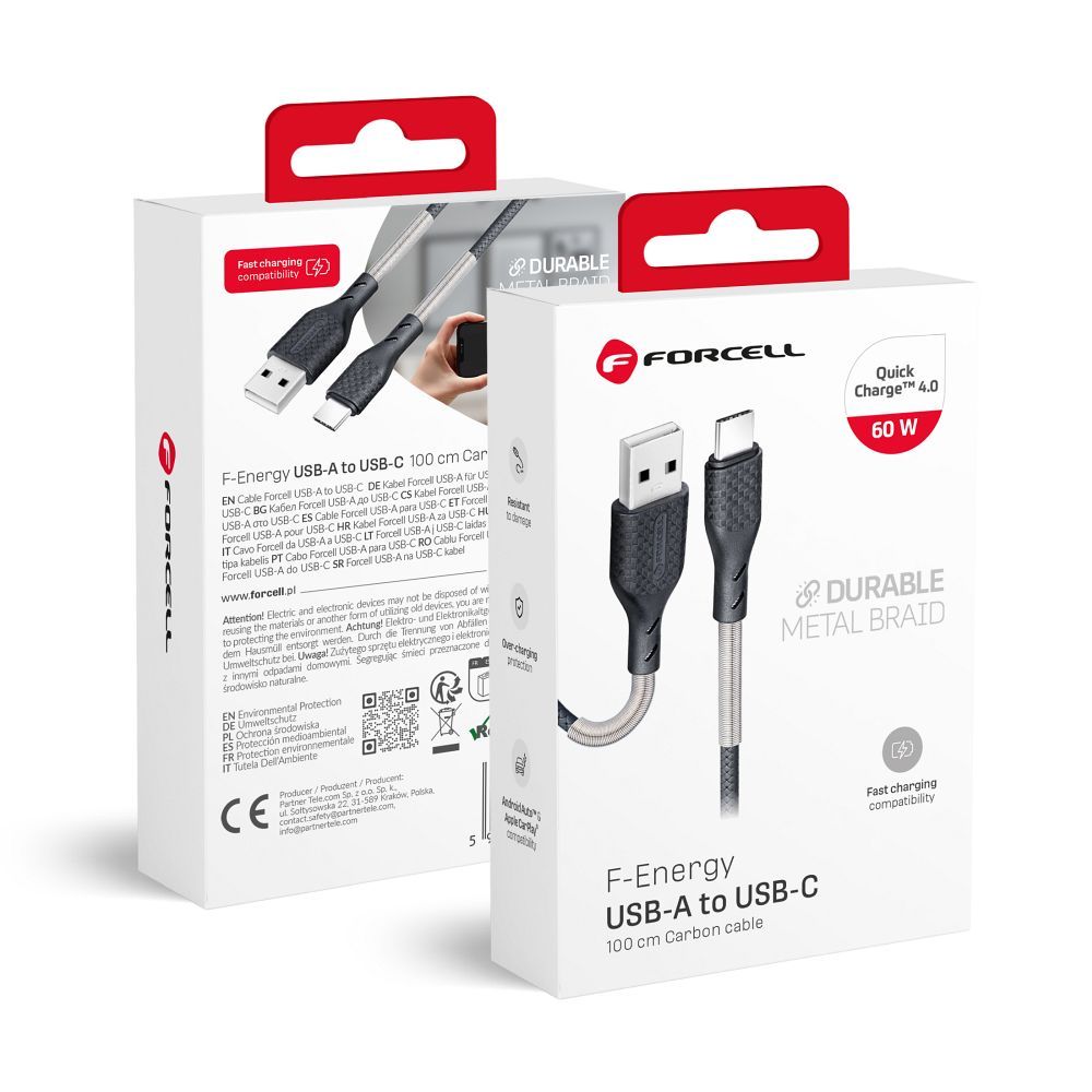 Kaabel USB A to USB C Forcell F-Energy QC4.0 5A 60W Carbon 1 m CB-02A must