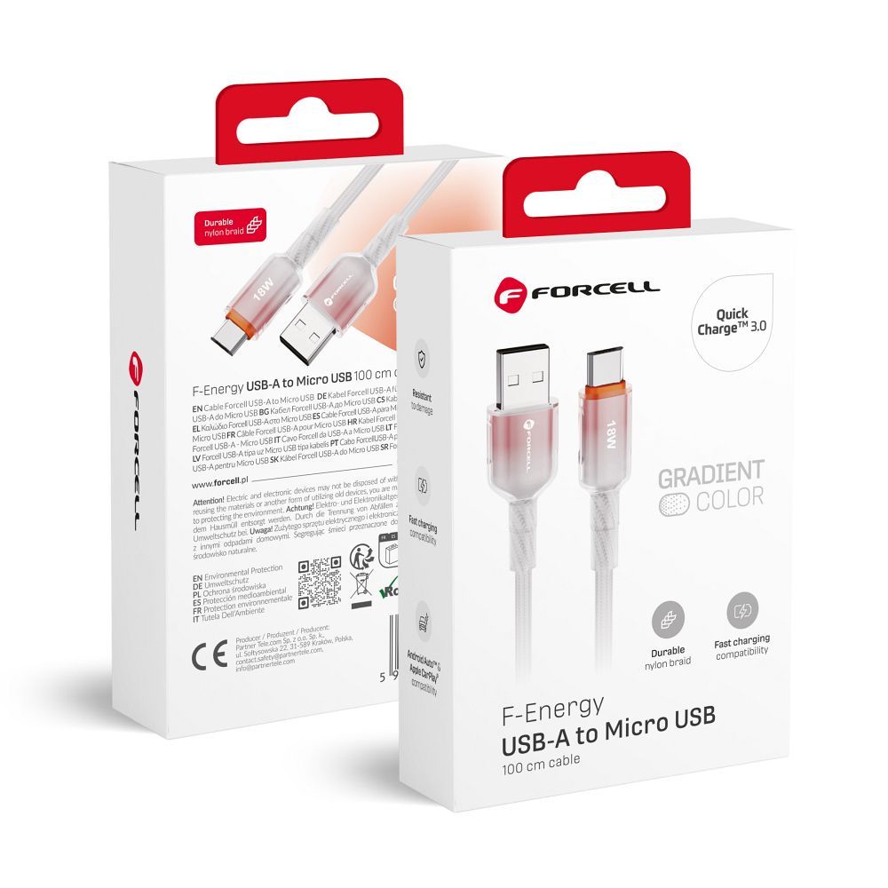 Kaabel USB A to Micro USB Forcell F-Energy QC3.0 2,4A 18W Gradient 1 m C351 valge