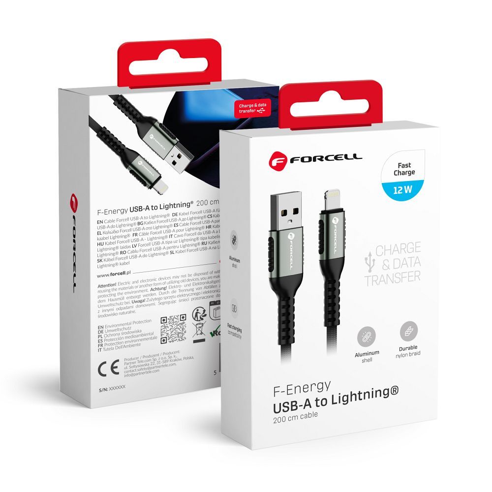 Kaabel USB A to Lightning Forcell F-Energy 2,4A 12W Cafule 2 m C257 must
