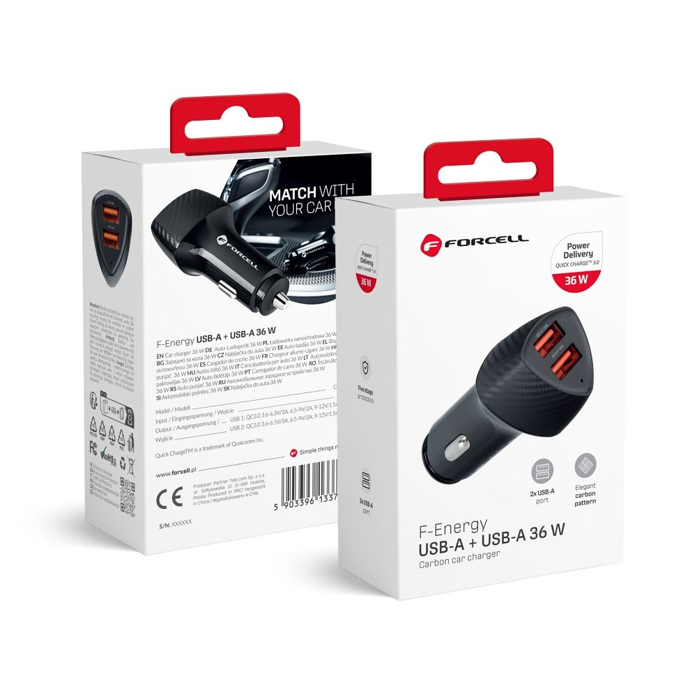 FORCELL F-ENERGY Carbon CC50-2A car laadija 2 x USB A QC3.0 3A 36W must
