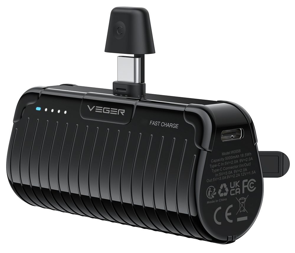 Powerbank Veger PlugOn (W0558) PD QC3.0 3A 20W 5000 mAh with a built-in connector Type C czarny