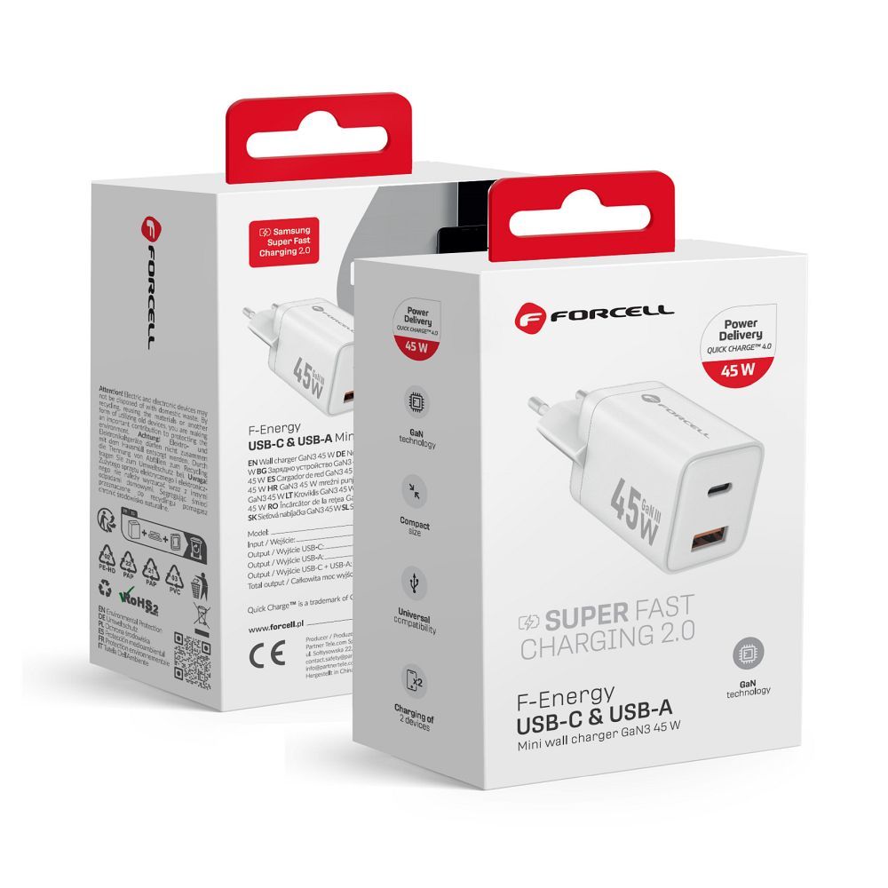 Phone laadija Forcell F-Energy Mini GaN III USB C + USB A PD QC4.0 45W VT-36 valge