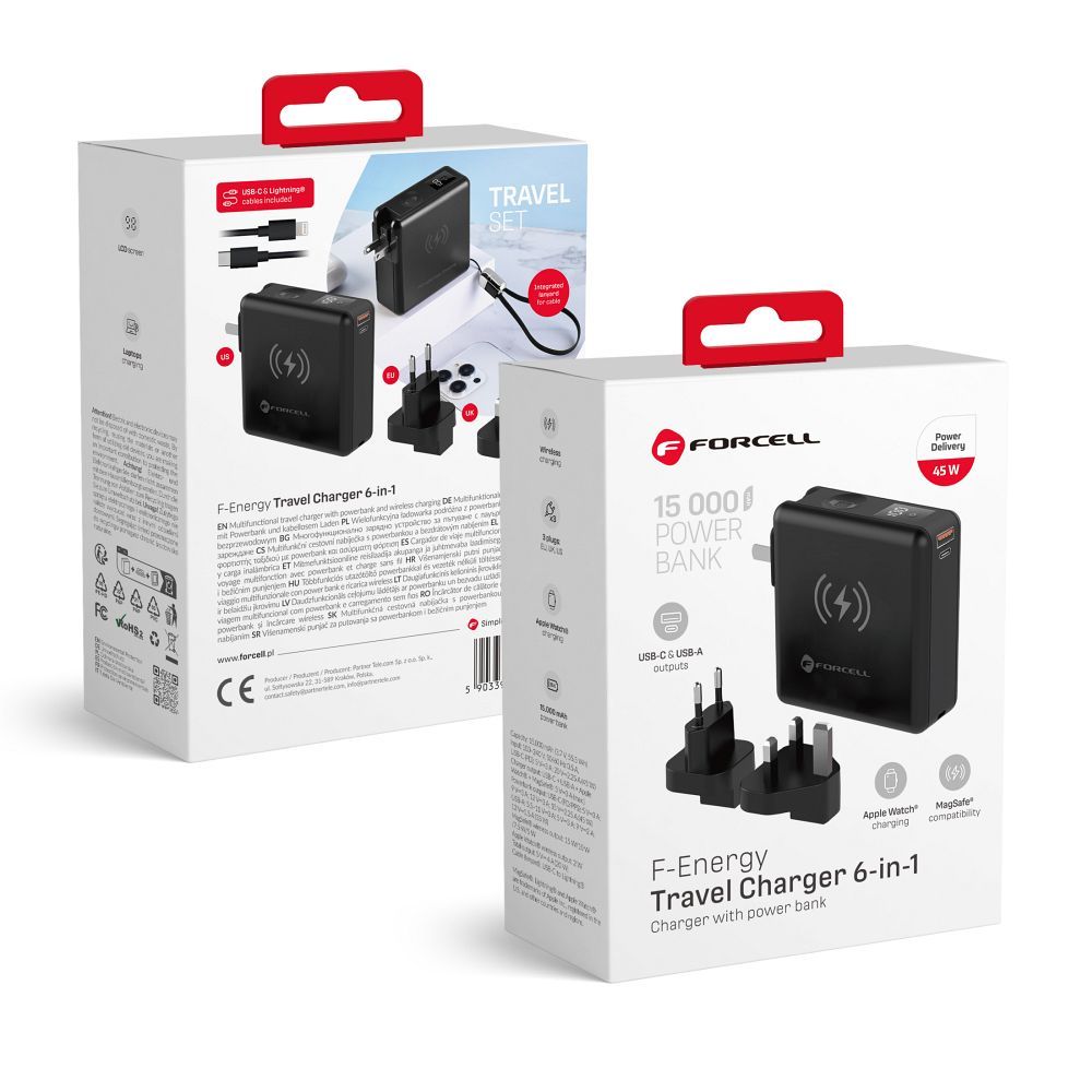Multifunction laadija Forcell F-Energy 6in1 USB A + USB C PD 45W + akupank 15000 mAh + juhtmevaba charging 15W must