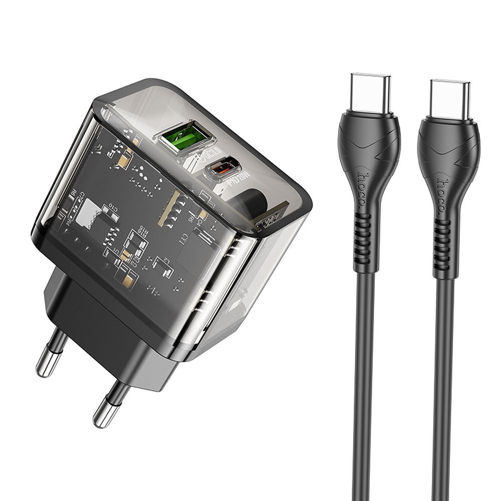 Phone Laadija Hoco USB A + USB C QC3.0 PD 3A 20W + Kaabel USB C to USB C N34 transparnent