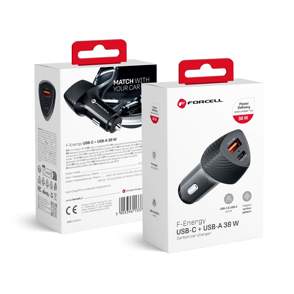 Car laadija Forcell F-Energy Carbon USB C + USB A QC3.0 PD 3A 38W CC50-1A1C must