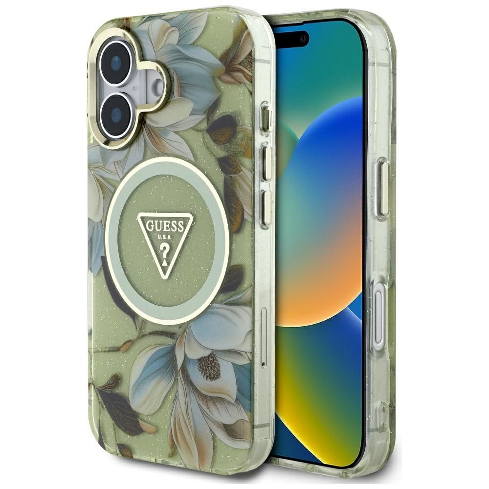 GUESS ümbris jaoks IPHONE 16 compatible with MagSafe GUHMP16SHFLPEDN (IML Metal Glitter Flowers Triangle) roheline
