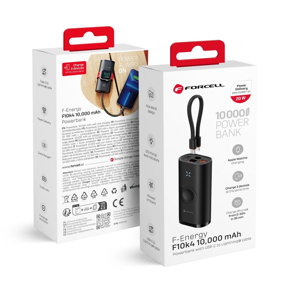 Powerbank Forcell F-Energy F10K4 PD QC3.0 3A 22,5W 10000 mAh compatible with Apple Watch must