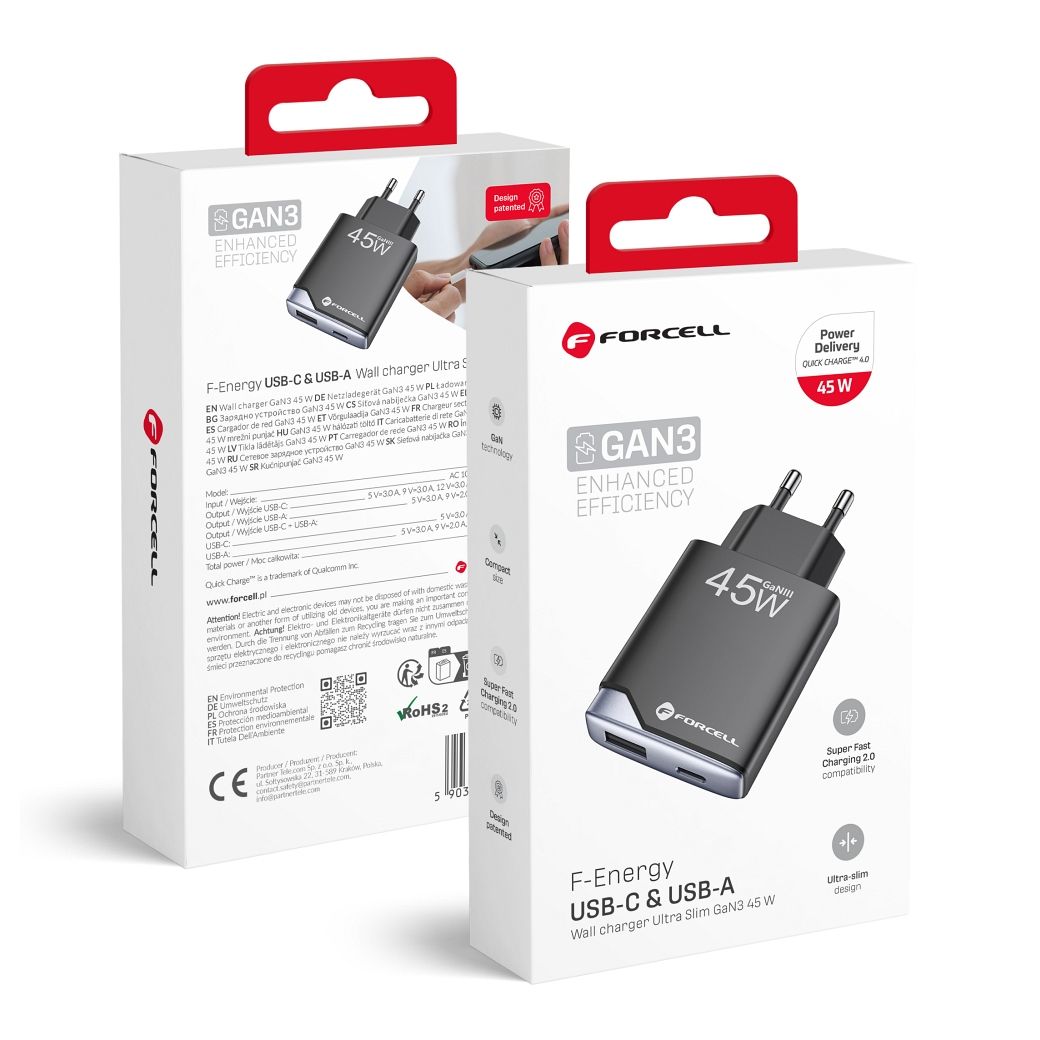 Phone laadija Forcell F-Energy Ultra Slim GaN III USB C + USB A PD QC4.0 3A 45W B245202(1A1C) must