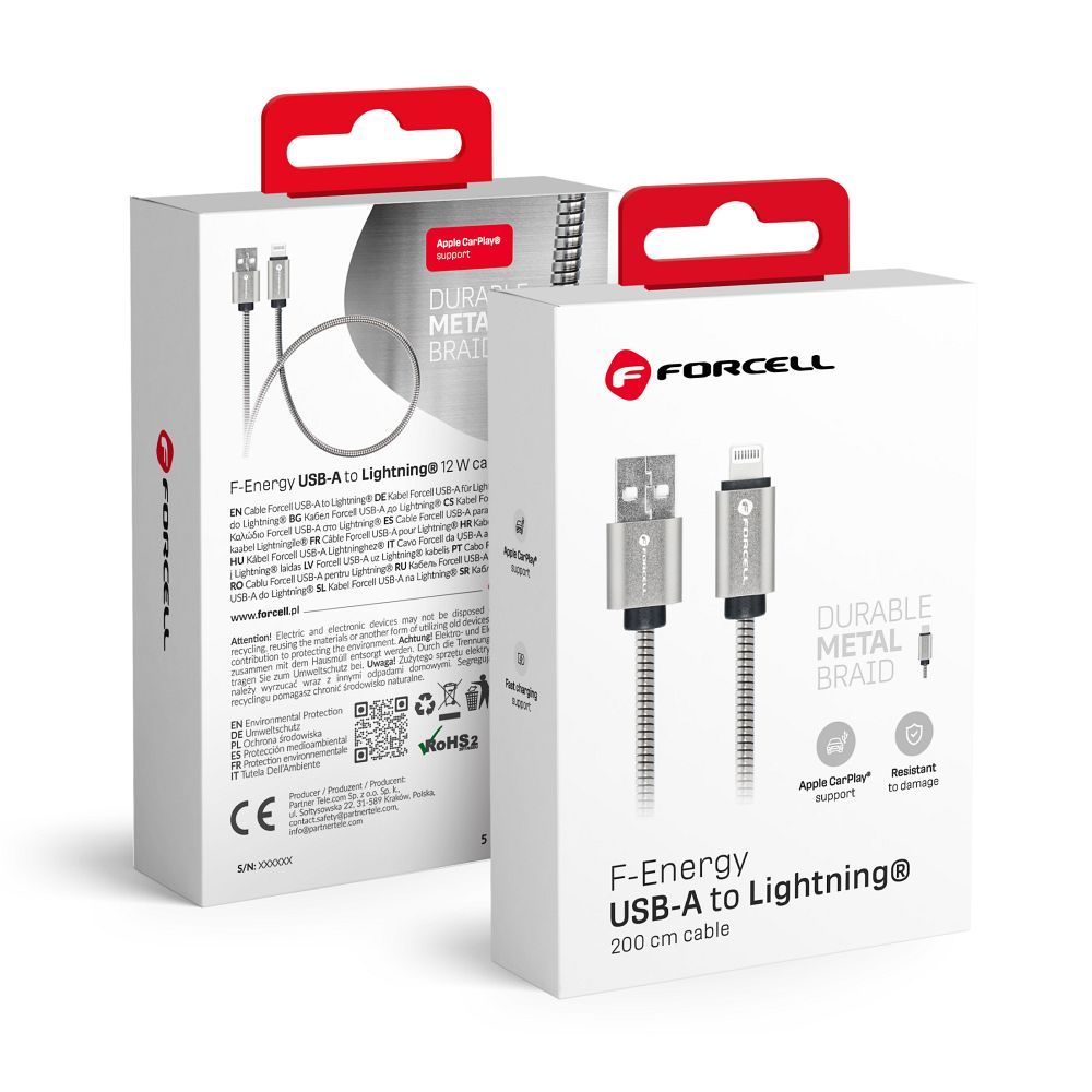 Kaabel USB A to Lightning Forcell F-Energy 2,4A 12W Metal 2 m C236 hõbedane