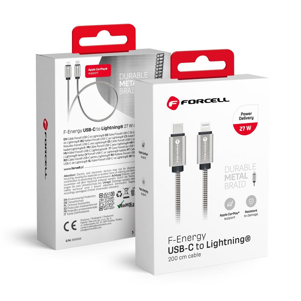 Kaabel USB C to Lightning Forcell F-Energy PD 3A 27W Metal 2 m C238 hõbedane