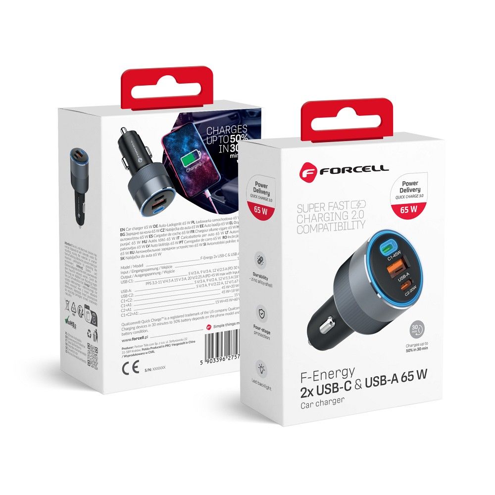 Car laadija Forcell F-Energy Alu 2 x USB C + USB A QC4.0 PD SFC2.0 4,5A 65W hall
