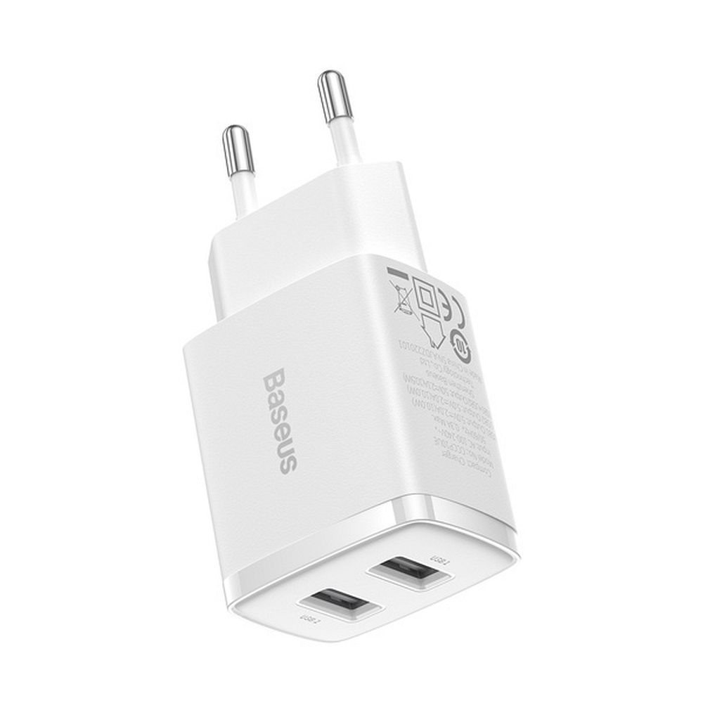 Baseus Compact Quick Charger, 2x USB, 10.5W (valge)