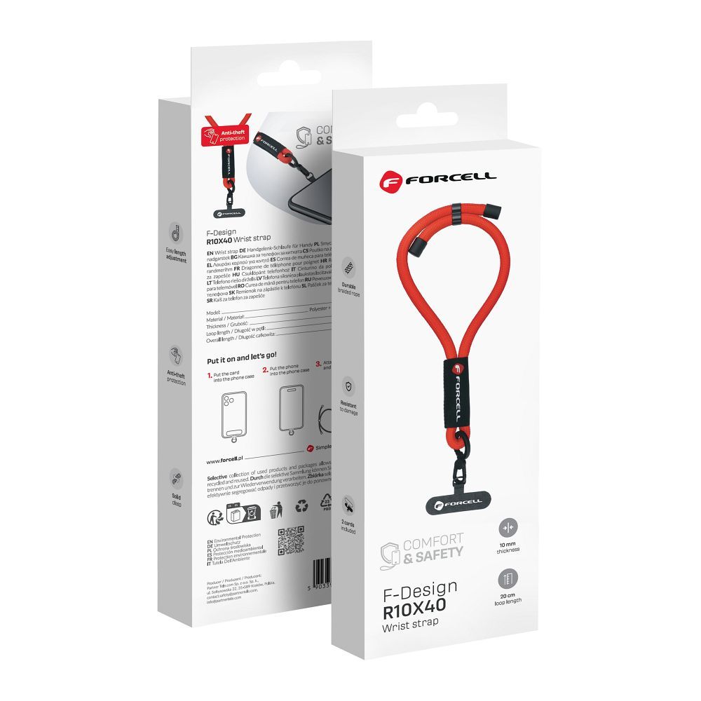 FORCELL F-DESIGN R10X40 wrist phone lanyard with adjustable length (max 20cm in the loop) punane
