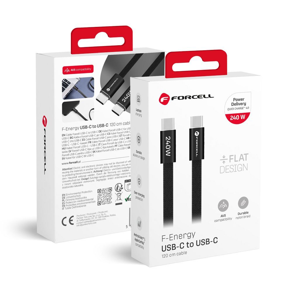 Kaabel USB C USB C Forcell F-Energy QC4.0 PD 5A 240W Cafule Flat 1,2 m CCFN23 must