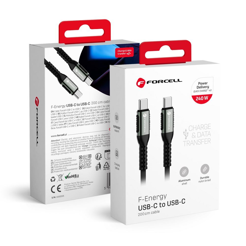Cable USB C to USB C Forcell F-Energy QC4.0 PD 5A 240W Cafule 2 m C263 black