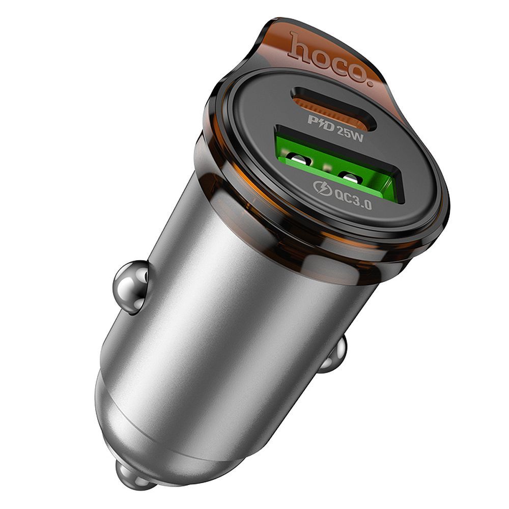 Автомобильное зарядное устройство Hoco USB A + USB C QC3.0 PD 43W + кабель USB C - USB C NZ16A металлический серый