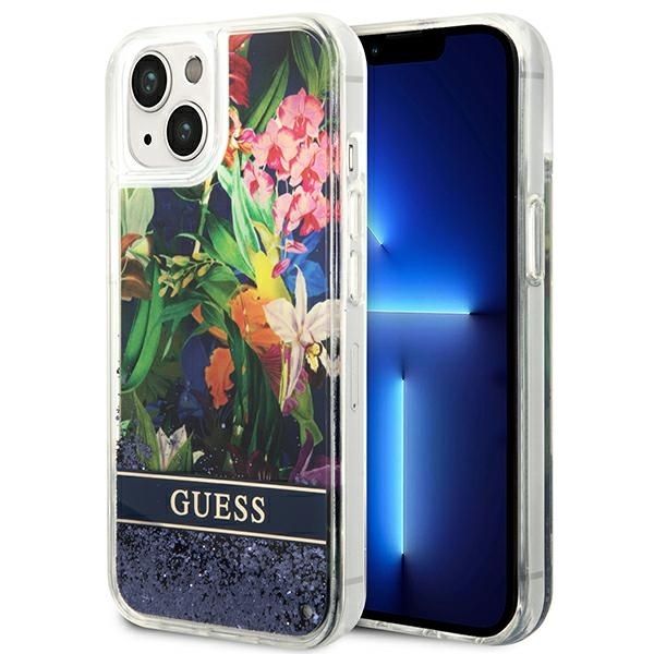 GUESS ümbris jaoks IPHONE 13 / 14 / 15 GUHCP14SLFLSB (Flower Liquid Glitter) sinine