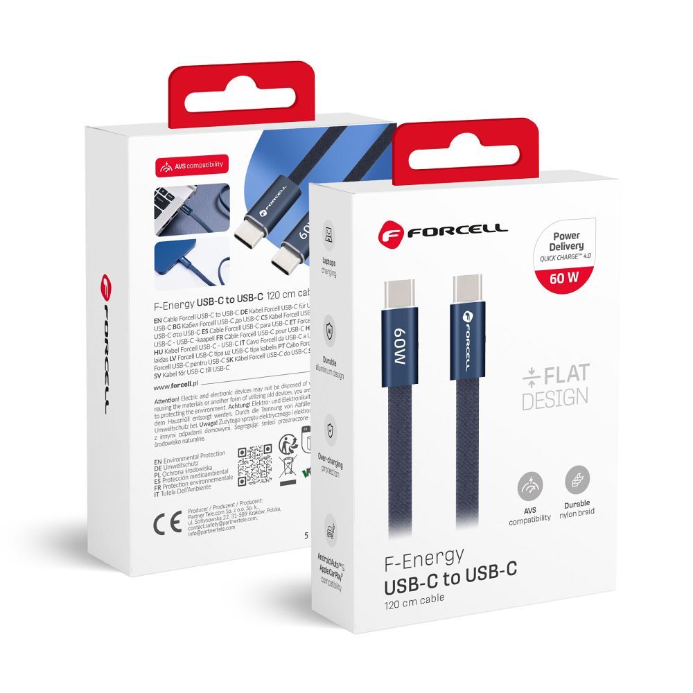 Kaabel USB C USB C Forcell F-Energy QC4.0 PD 3A 60W Cafule Flat 1,2 m CCFN23 tumesinine