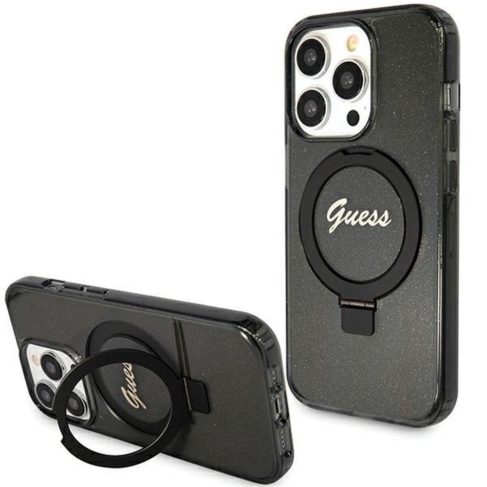 Оригинальный чехол-накладка Guess GUHMP15XHRSGSK для iPhone 15 Pro Max (совместимый с MagSafe / Glitter Script Logo / Ring stand / чёрный)