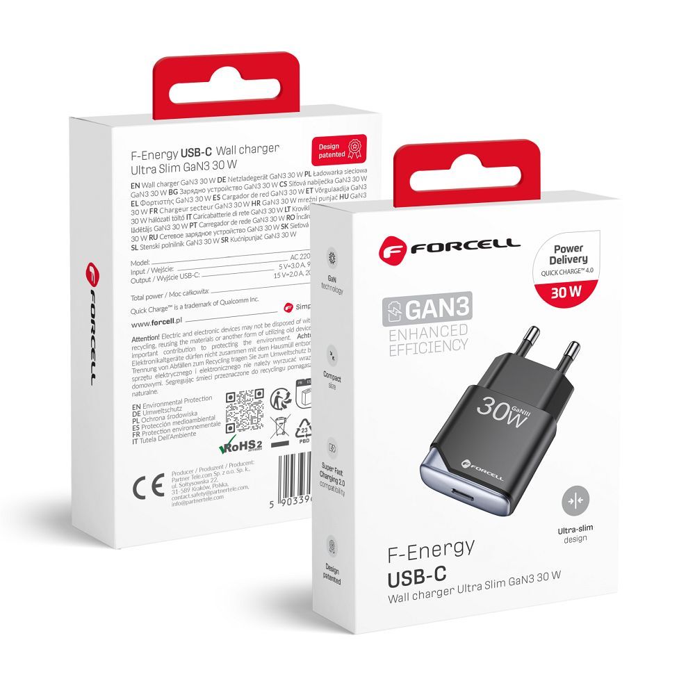 Phone laadija Forcell F-Energy Ultra Slim GaN III USB C PD QC4.0 3A 30W B130101-E must