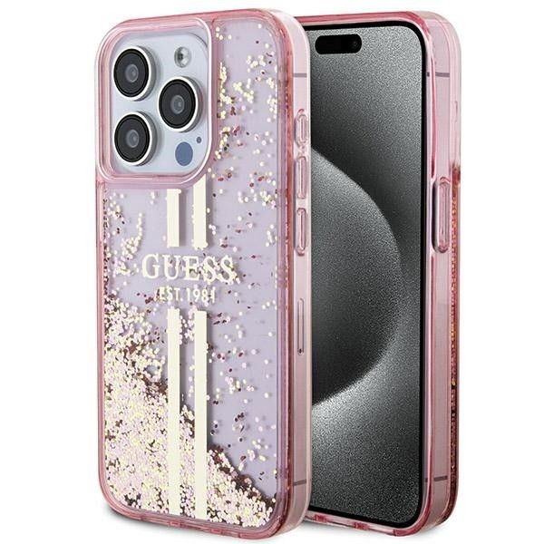 GUESS ümbris jaoks IPHONE 15 Pro GUHCP15LLFCSEGP (Liquid Glitter kuldne Stripes) roosa