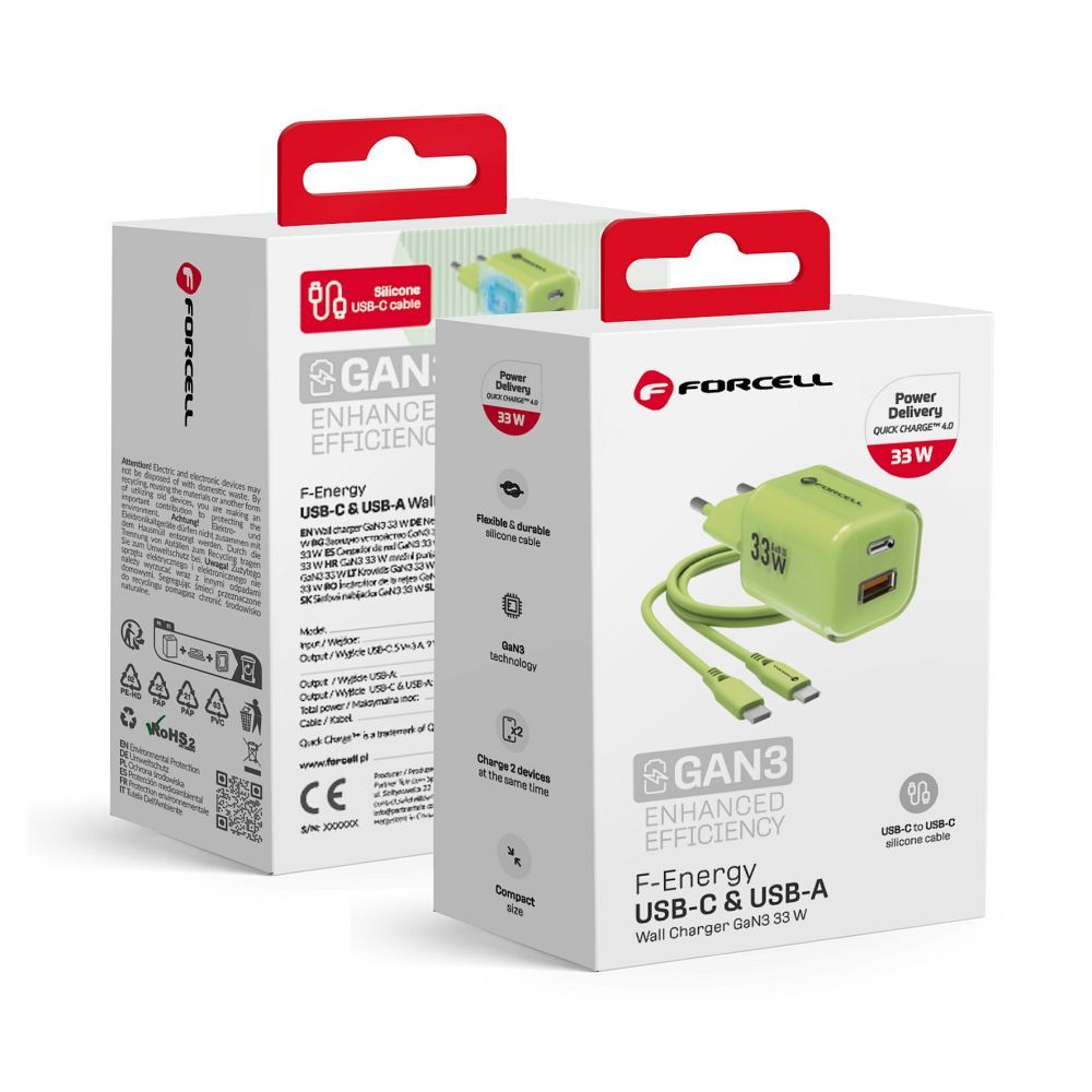 Phone laadija Forcell F-Energy GaN III Crystal Color USB C + USB A QC4.0 PD 33W + silikoon kaabel USB C to USB C VT-41 roheline