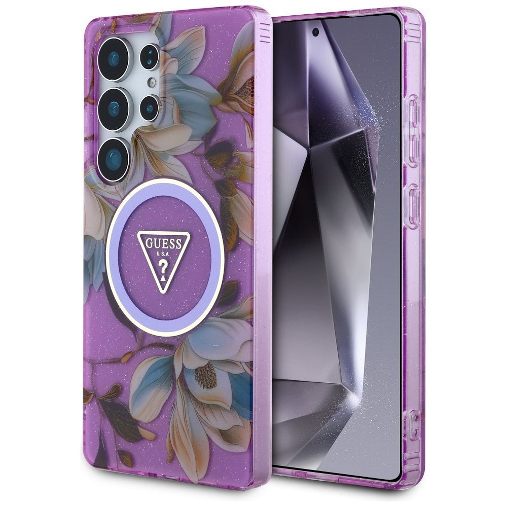 GUESS ümbris jaoks SAMSUNG S25 Ultra GUHMS25LHFLPEDU (Magnetic IML Metal Glitter Flowers Triangle) lilla