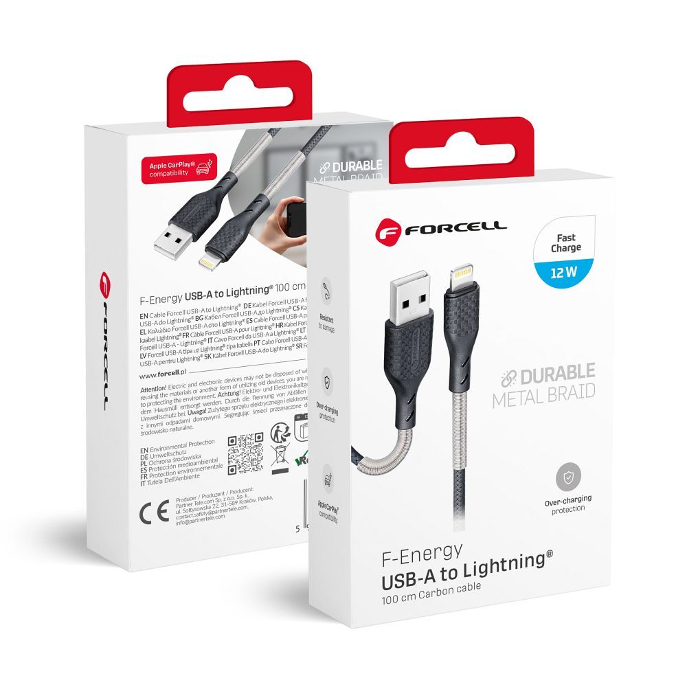 Kaabel USB A to Lightning Forcell F-Energy 2,4A 12W Carbon 1 m CB-01A must