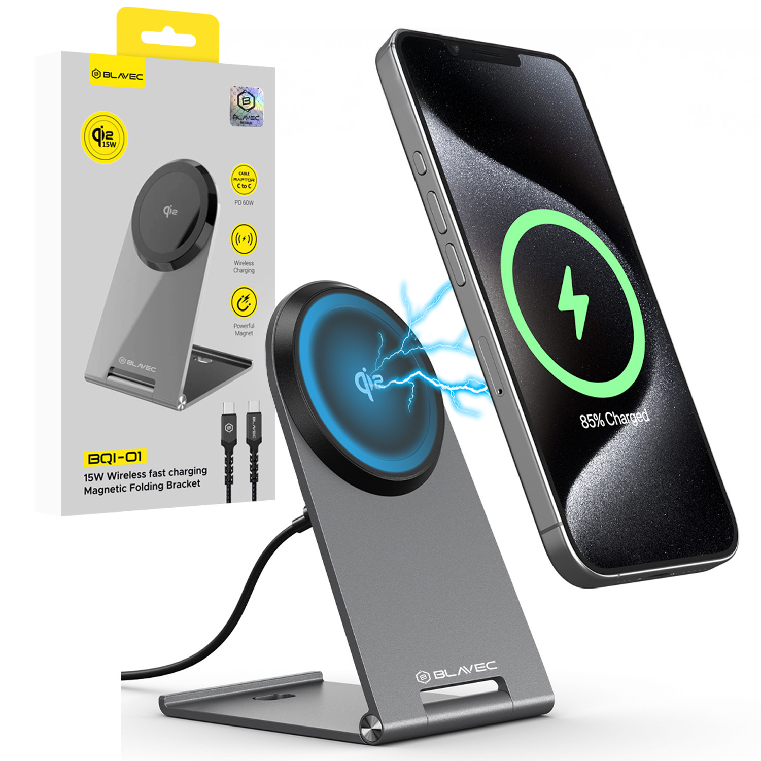 Blavec Induction laadija BQI-01 Qi2 15W magnetiline Magsafe + Raptor kaabel tüüp C to tüüp C (BQI01-QI2MS) hõbedane