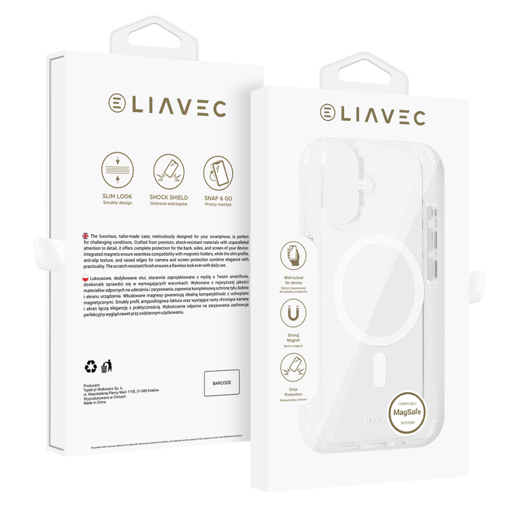 Liavec Glossy Magsafe Clear Ümbris do Iphone 16 valge