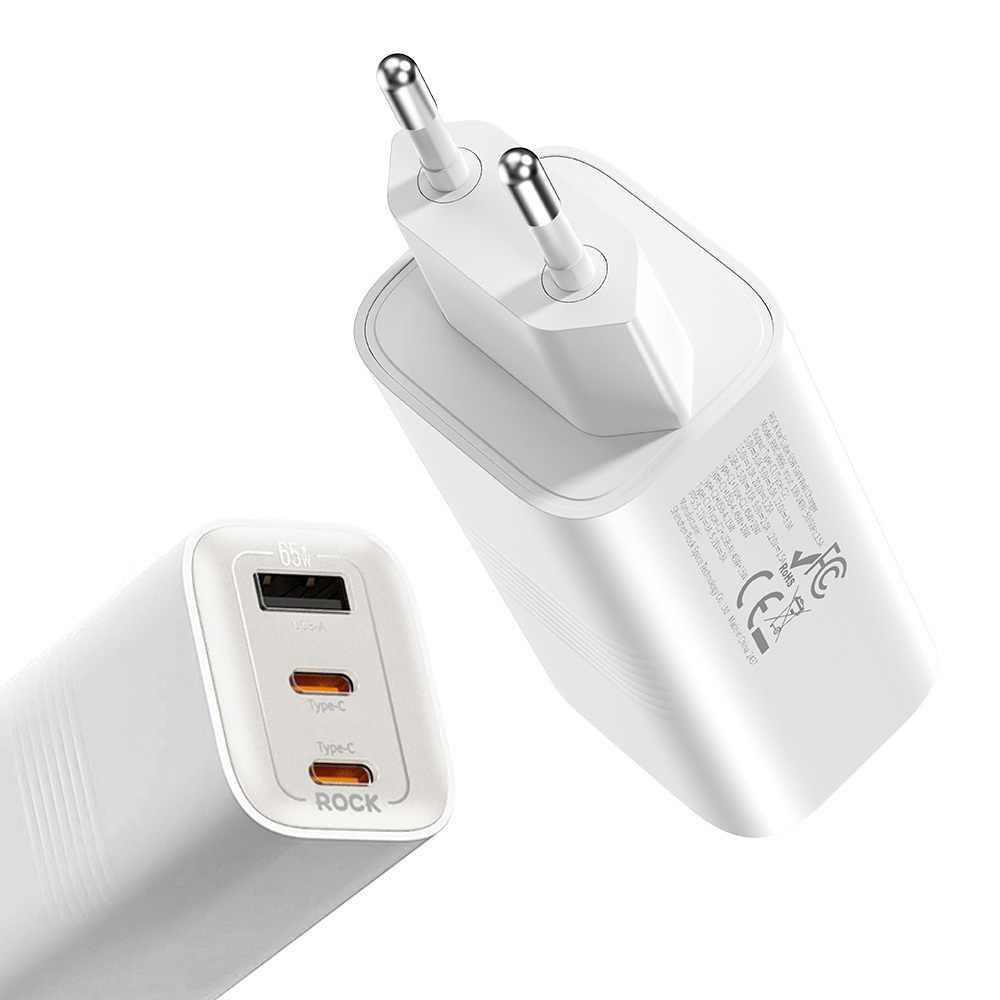 Rock Sein laadija Ice2Cube GaN - USB + 2xType C - PD 65W 3A valge