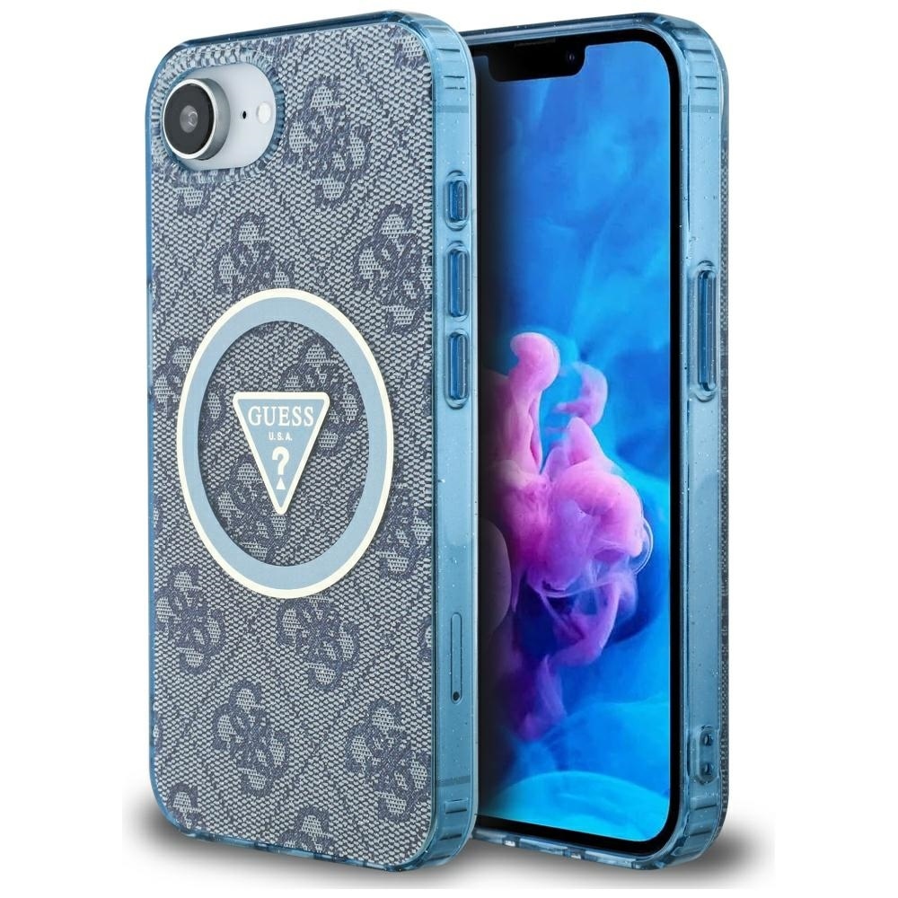 Guess IML Metal Glitter 4G Circle Triangle MagSafe Ümbris jaoks iPhone 16e - Sinine