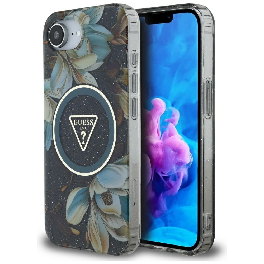 Guess IML Metal Glitter Flowers Triangle MagSafe ümbris jaoks iPhone 16e - must