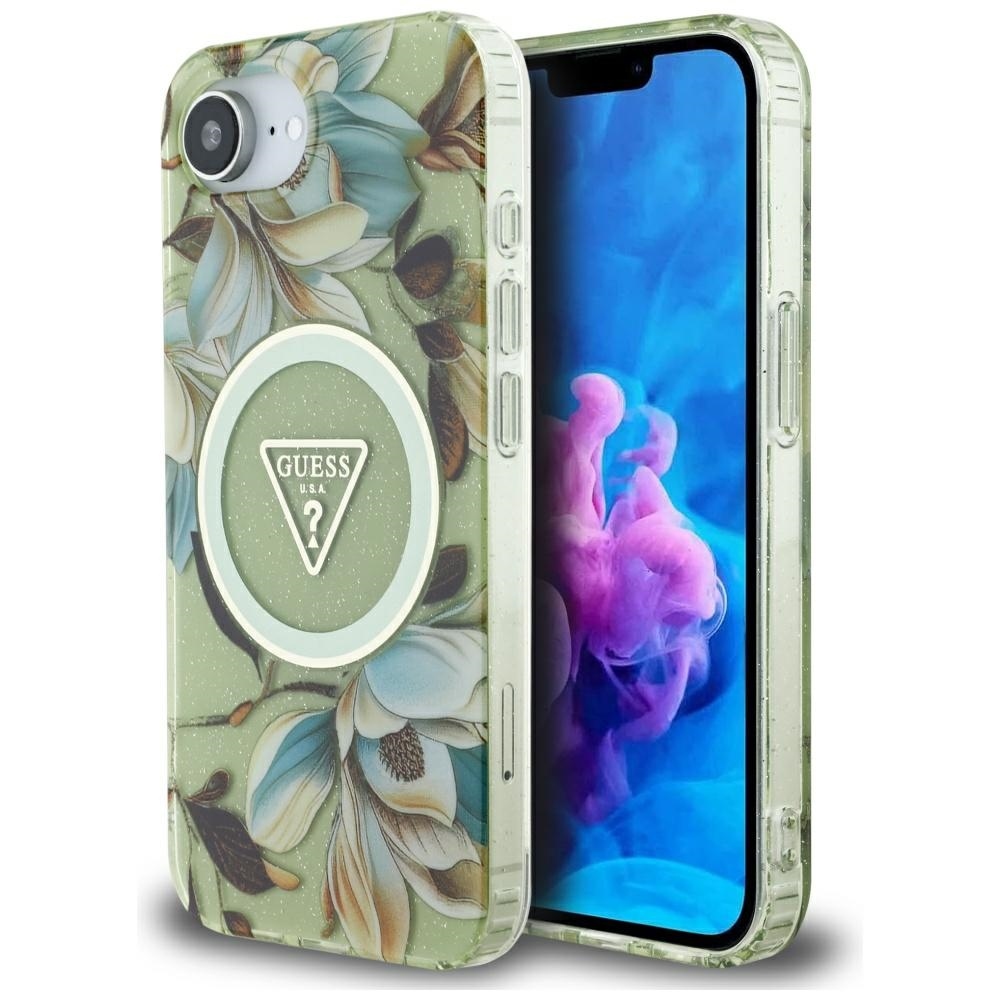 Guess IML Metal Glitter Flowers Triangle MagSafe iPhone 16e Ümbris - Roheline
