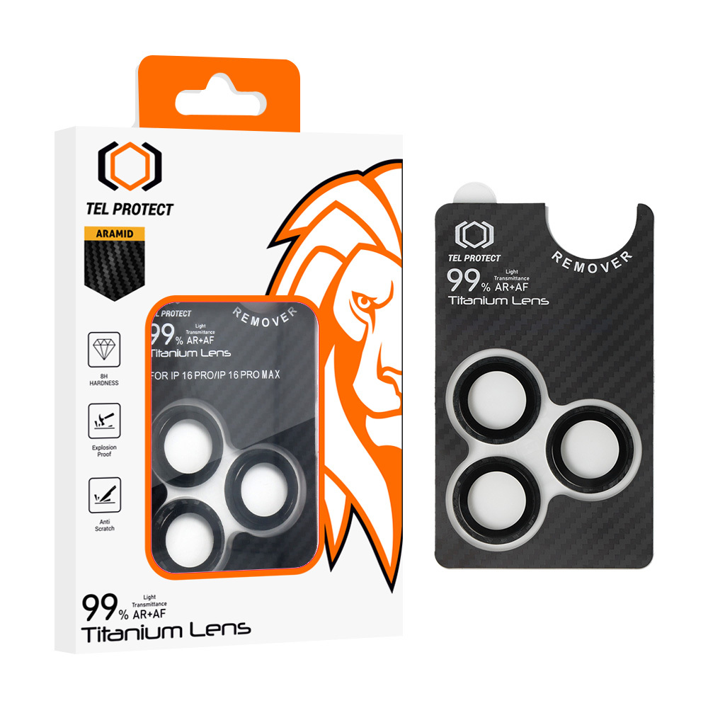 Закалённое стекло Tel Protect Titanium Lens 99% AR Aramid Series на камеру для Iphone 16 Pro/16 Pro Max (линз 3 шт.)