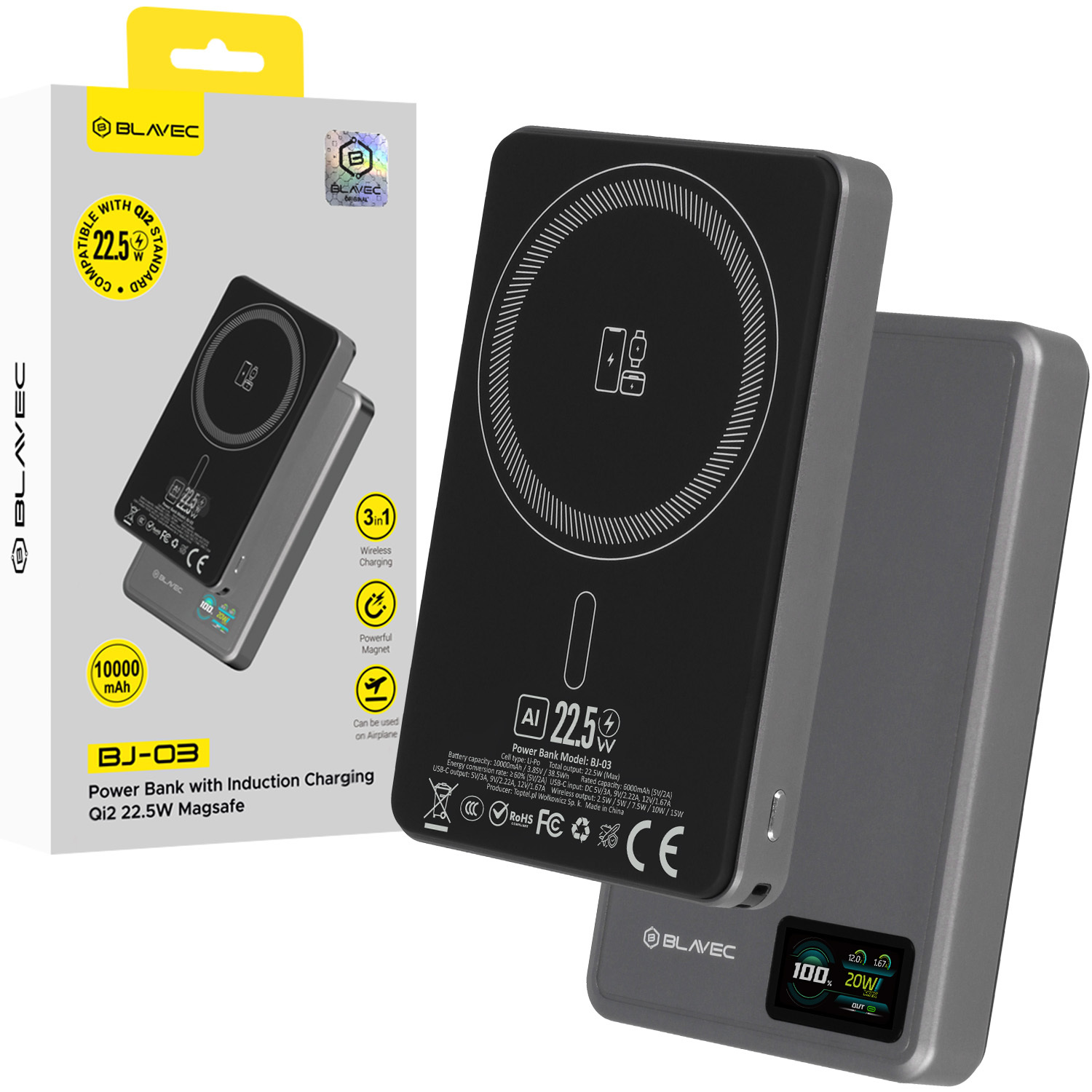 Blavec Akupank 10000mAh BJ-03 Slim 13,5mm - Type C - 22,5W magnetic Magsafe 3 in 1 (PBBJ03-MC10G) hall