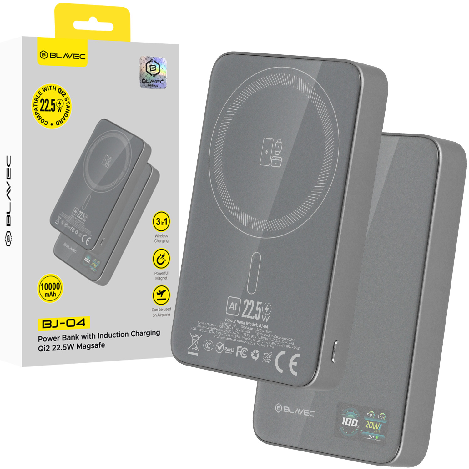 Blavec Power Bank 10000mAh BJ-04 Slim 13,5mm - Type C - 22,5W магнитный Magsafe 3 в 1 (PBBJ04-MC10G) серое стекло