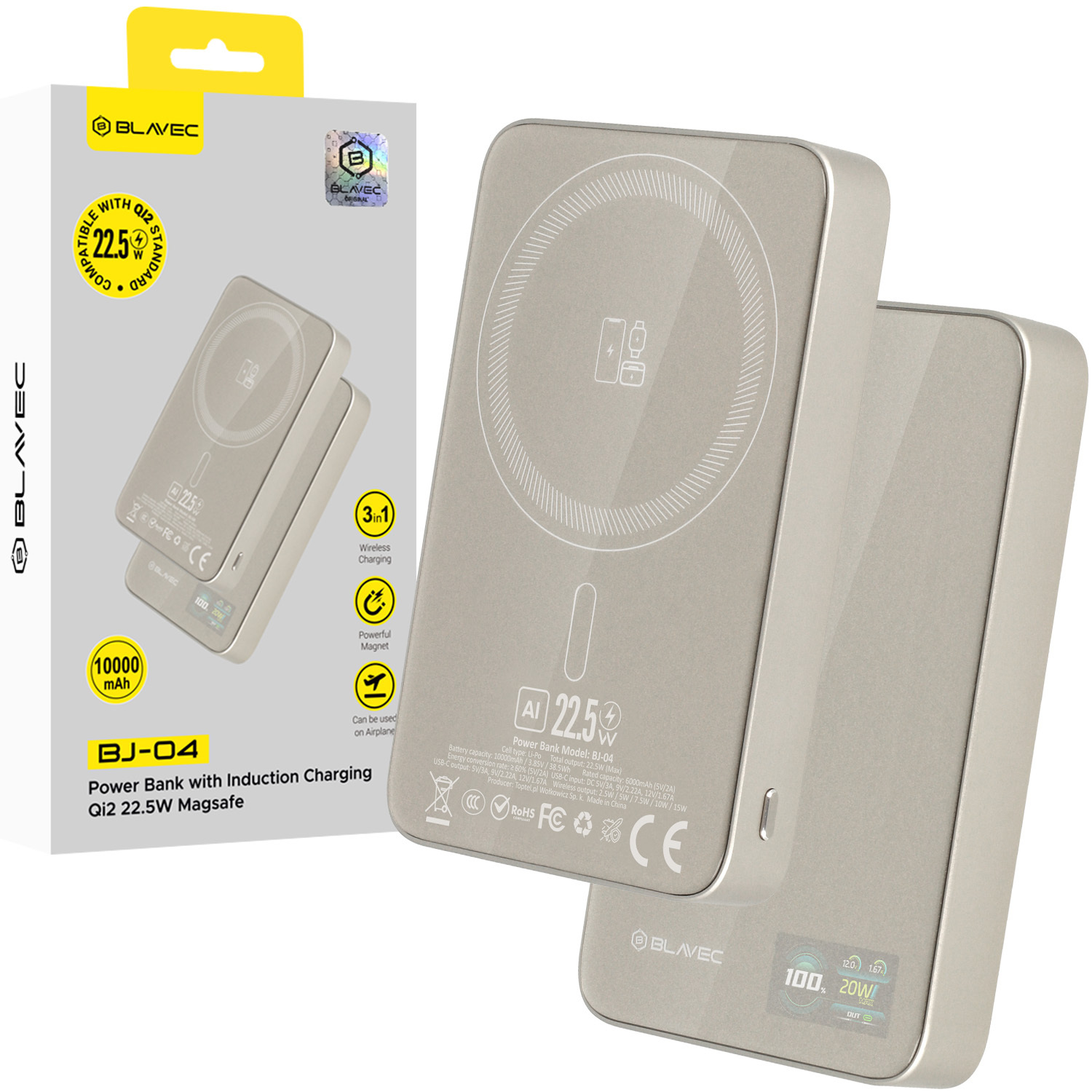Blavec Akupank 10000mAh BJ-04 Slim 13,5mm - Type C - 22,5W magnetic Magsafe 3 in 1 (PBBJ04-MC10GD) kuldne glass