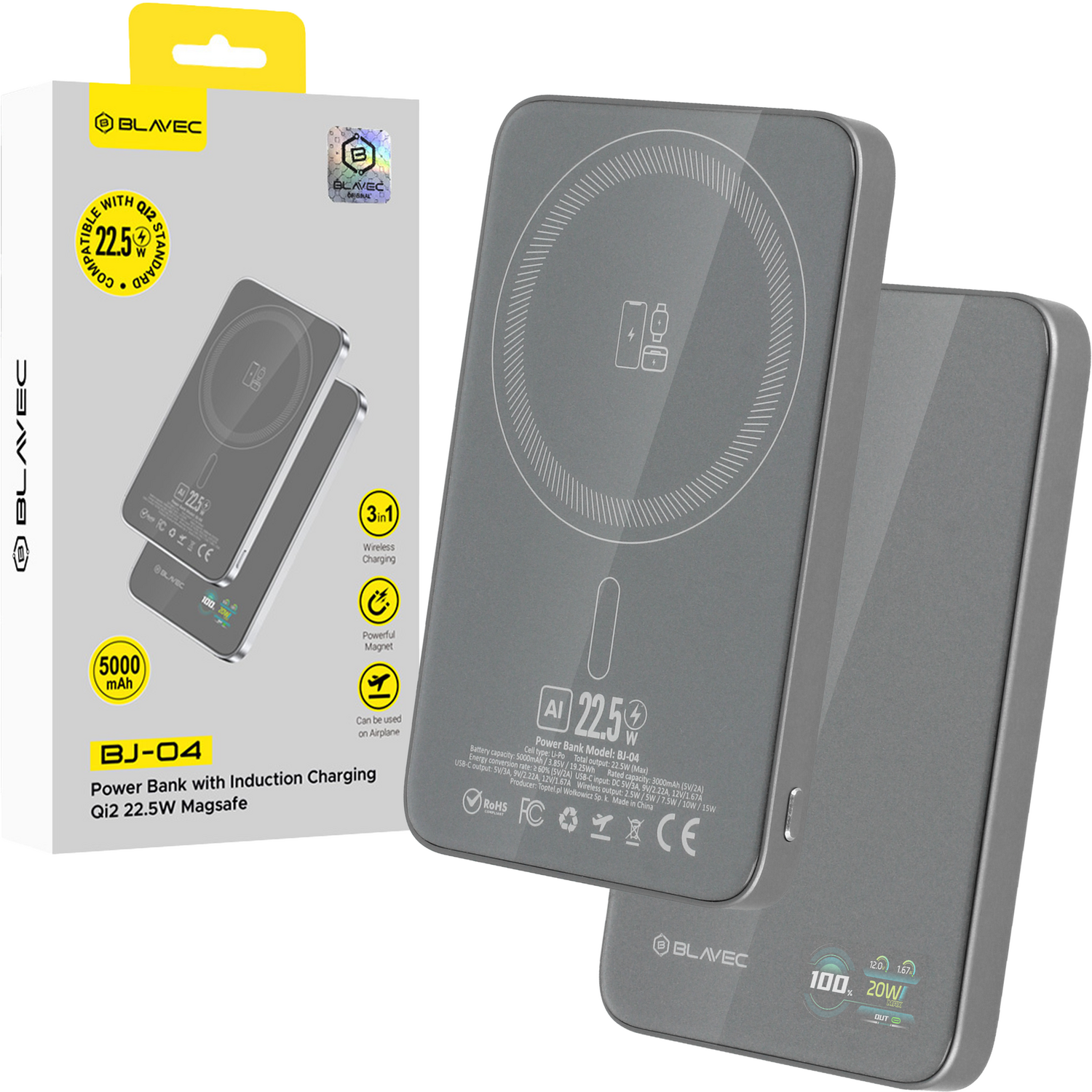Blavec Power Bank 5000mAh BJ-04 Ultra Slim 7,8mm - Type C - 22,5W магнитный Magsafe 3 в 1 (PBBJ04-MC5G) серое стекло