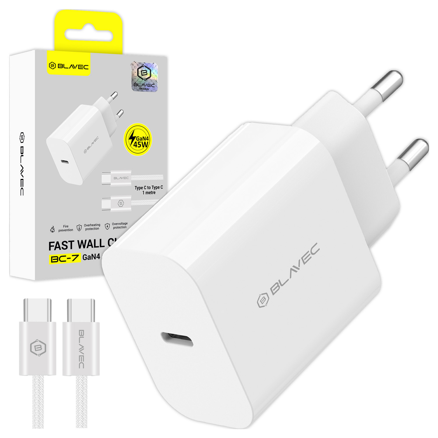 Сетевое зарядное устройство Blavec BC-7 GaN4 Type-C PD QC 45W 3A с кабелем Type-C TCBC7G4-CW453A+CC белый