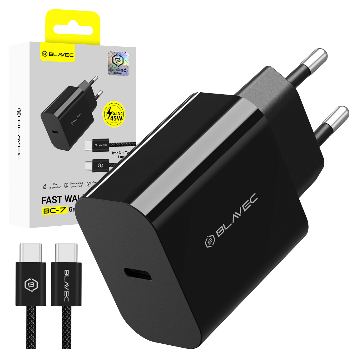 Blavec Сетевое зарядное устройство BC-7 GaN4 - Type C - PD QC 45W 3A с кабелем Type C to Type C (TCBC7G4-CB453A+CC) чёрное