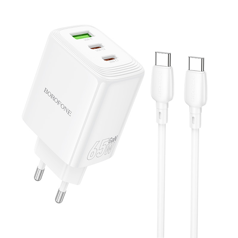 Borofone Sein laadija BN32 Cargador GaN - USB + 2xType C - QC 3.0 PD 65W koos Tüüp C to Tüüp C valge