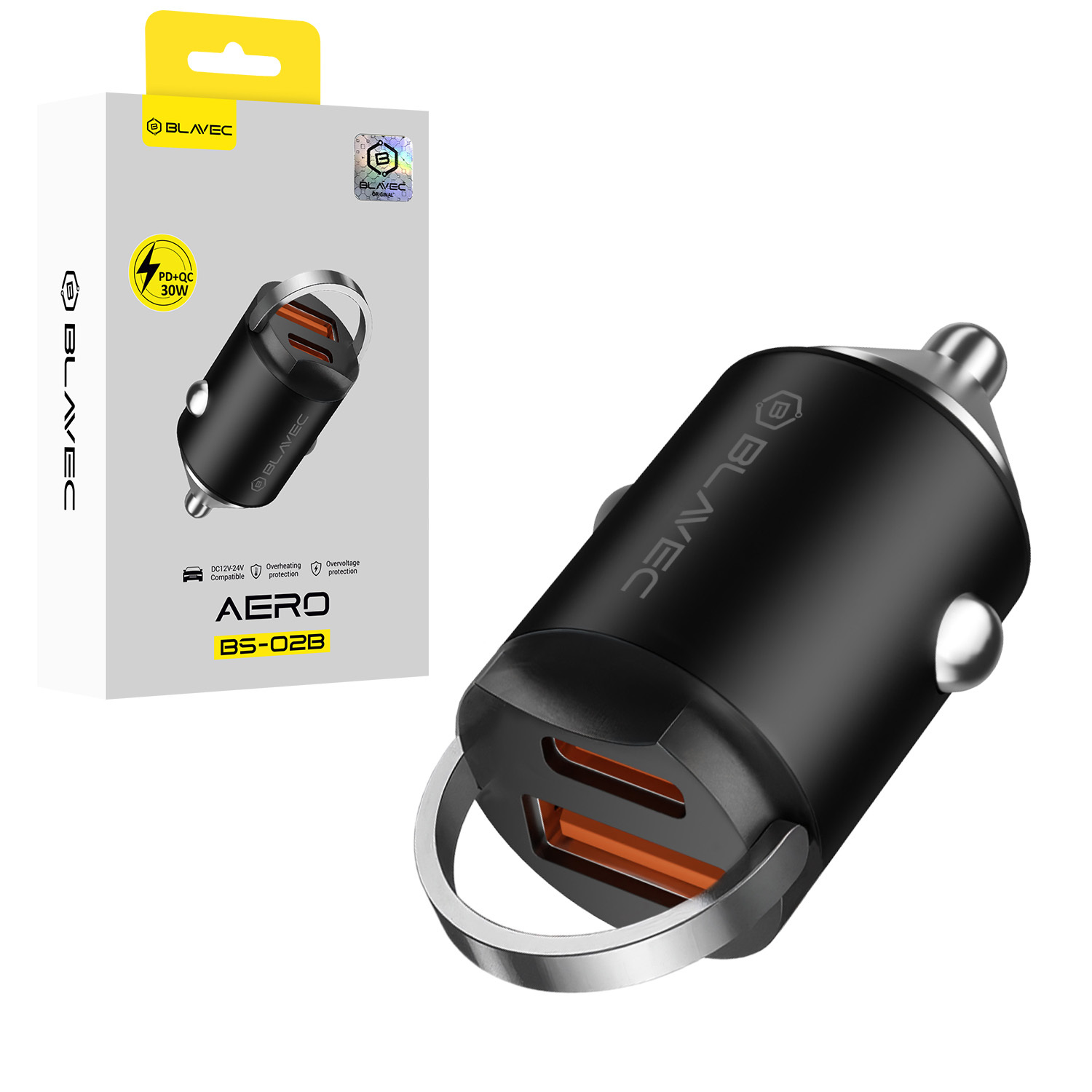 Blavec autolaadija BS-02B Aero - USB + Type C - QC 3.0 18W PD 30W (CCBS02BA-UCB) must