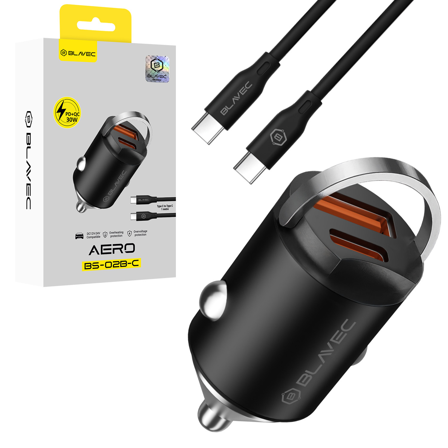 Blavec Autolaadija BS-02B-C Aero - USB + Type C - QC 3.0 18W PD 30W koos Type C to Type C cable (CCBS02BCA-UCB) must