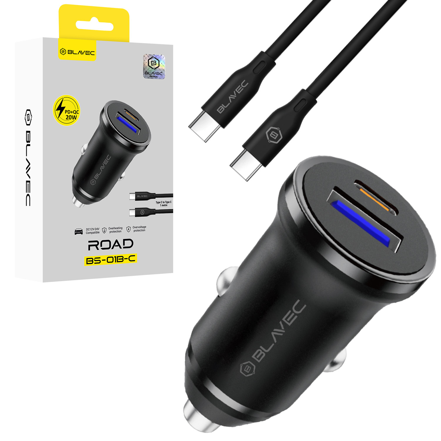 Blavec Autolaadija BS-01B-C Road - USB + Type C - QC 3.0 18W PD 20W koos Type C to Type C cable (CCBS01BCR-UCB) must