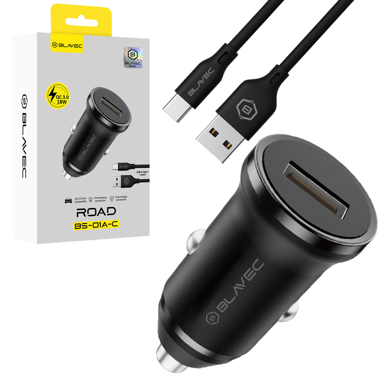 Blavec Autolaadija BS-01A-C Road - USB - QC 3.0 18W koos USB to Type C cable (CCBS01ACR-UB) must