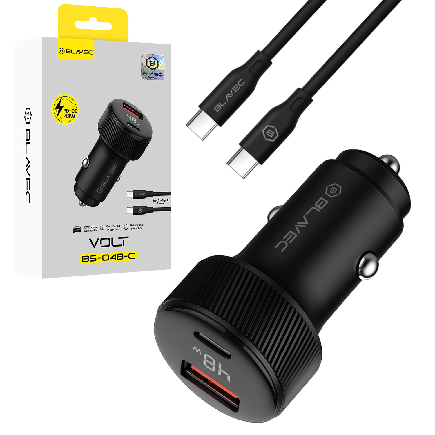 Blavec Car charger BS-04B-C Volt - USB + Type C - QC 3.0 18W PD 30W with Type C to Type C cable (CCBS04BCV-UCB) black