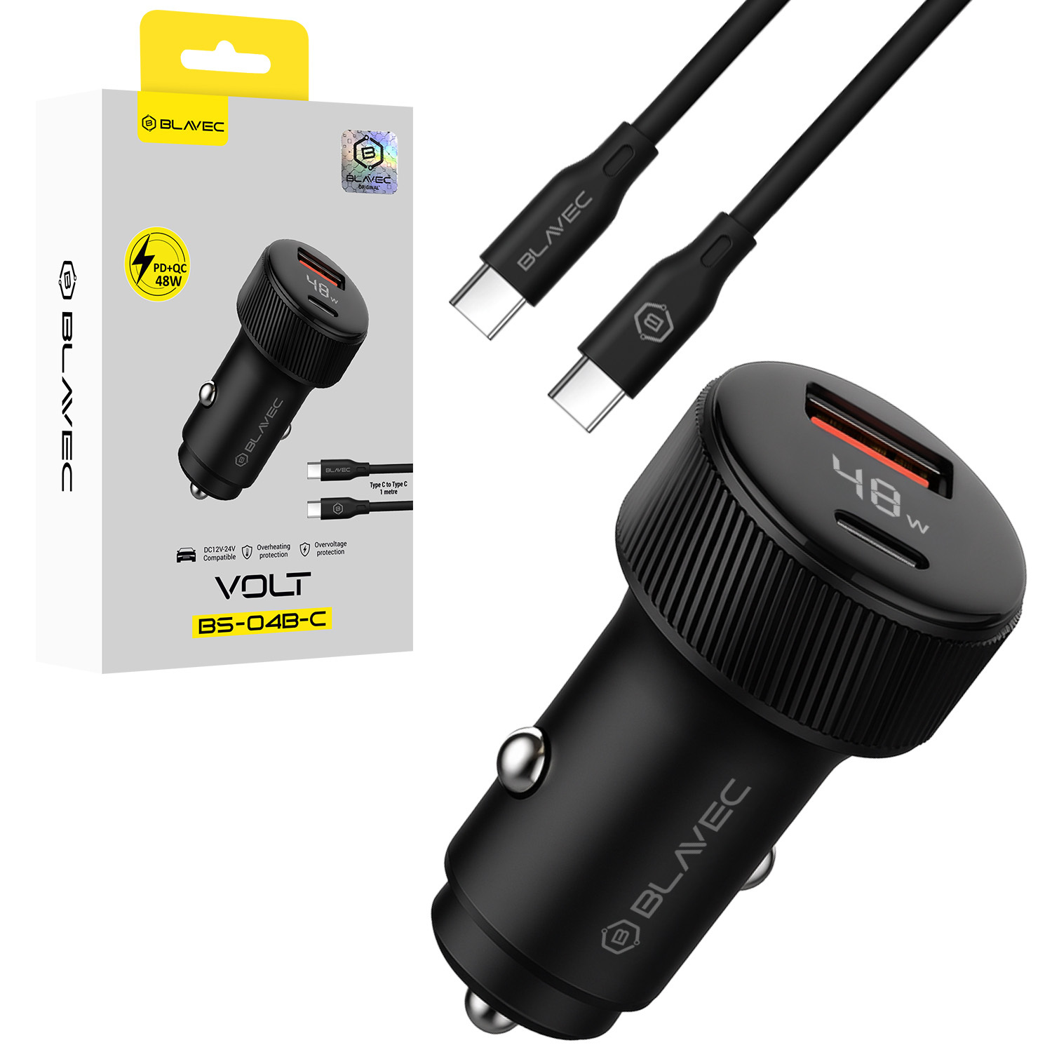 Blavec Autolaadija BS-04B-C Volt - USB + Type C - QC 3.0 18W PD 30W koos Type C to Type C cable (CCBS04BCV-UCB) must